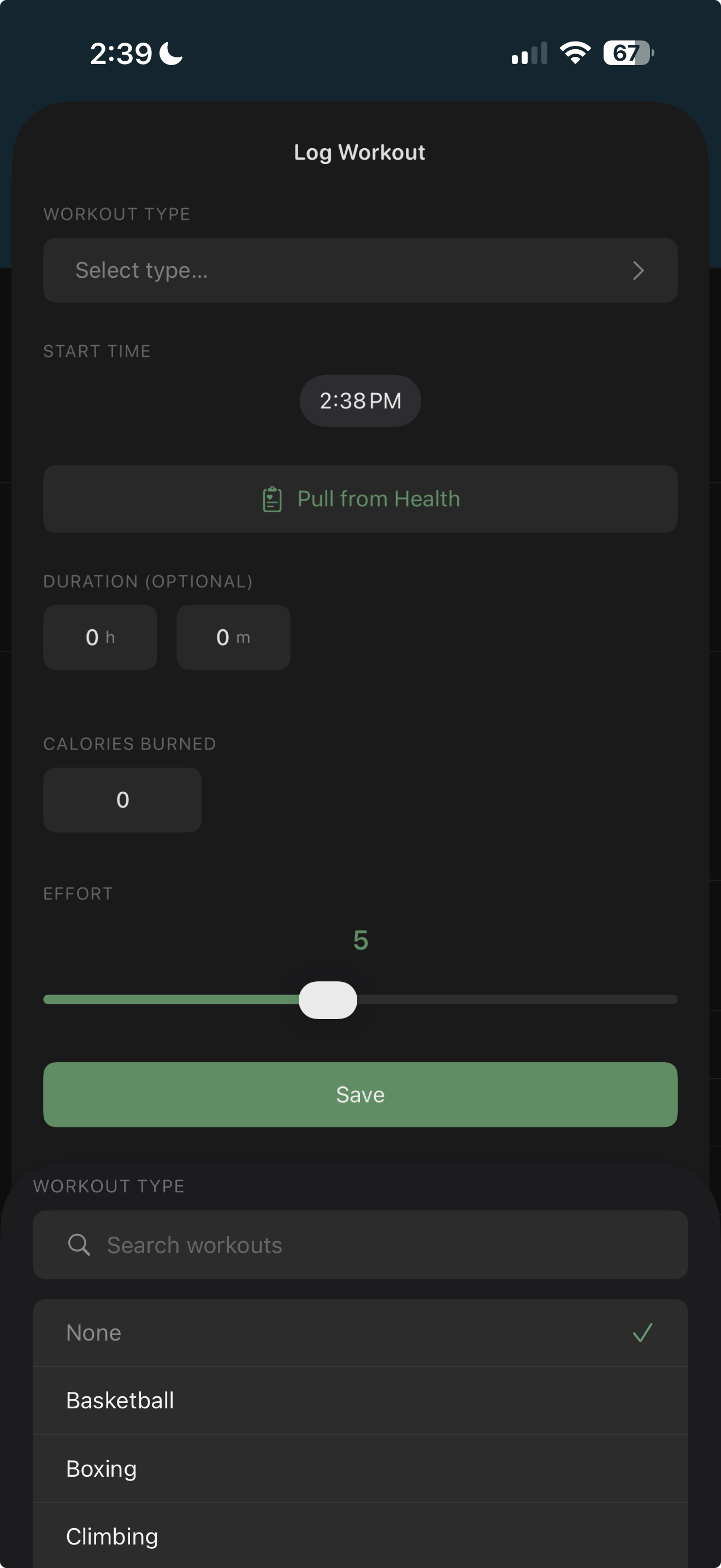 Exercise logging screen showing workout type picker, duration, and calories burned